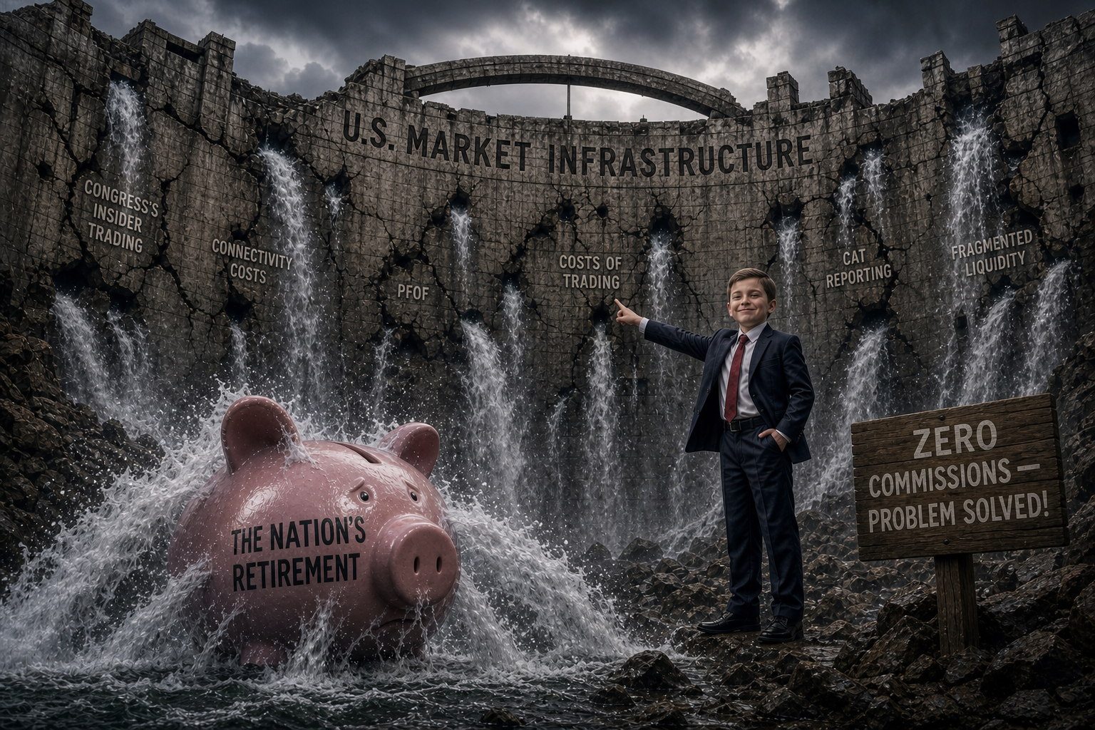 A crumbling dam labeled U.S. Market Infrastructure with cracks tied to market failures, while the nation’s retirement savings are swept away