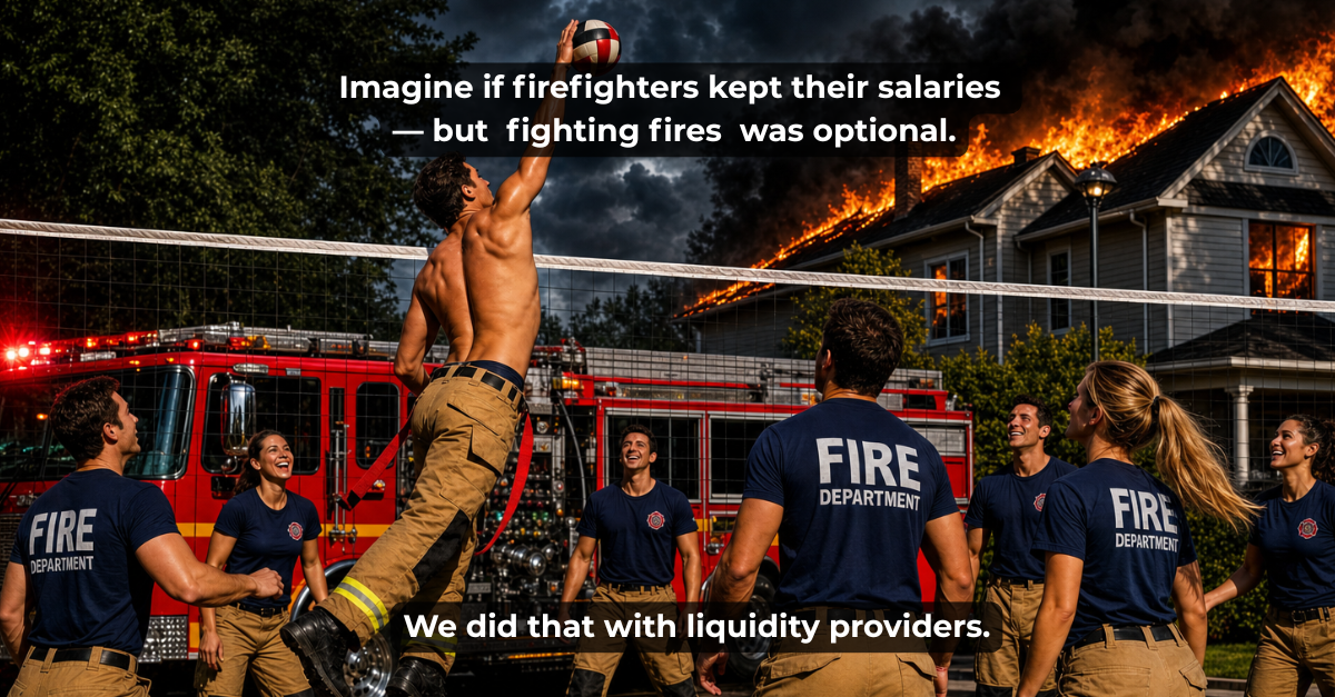 Firefighters playing volleyball while a house in the background burns.  Caption - imagine if firefighters kept their salaries - but fighting fires was
     was option.  We did that with liquidity providers.