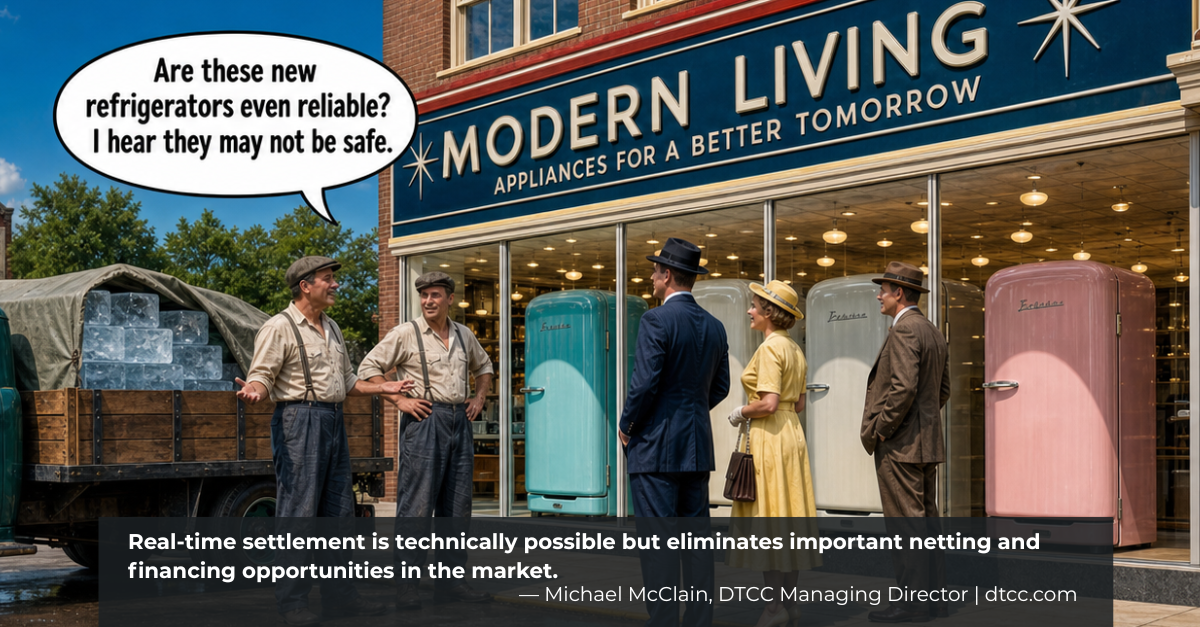 Two guys from an ice company talking to some customers who are going into an appliance store.  Looks like the 30s or 40; Ice sellers have a bubble quote
    that says 