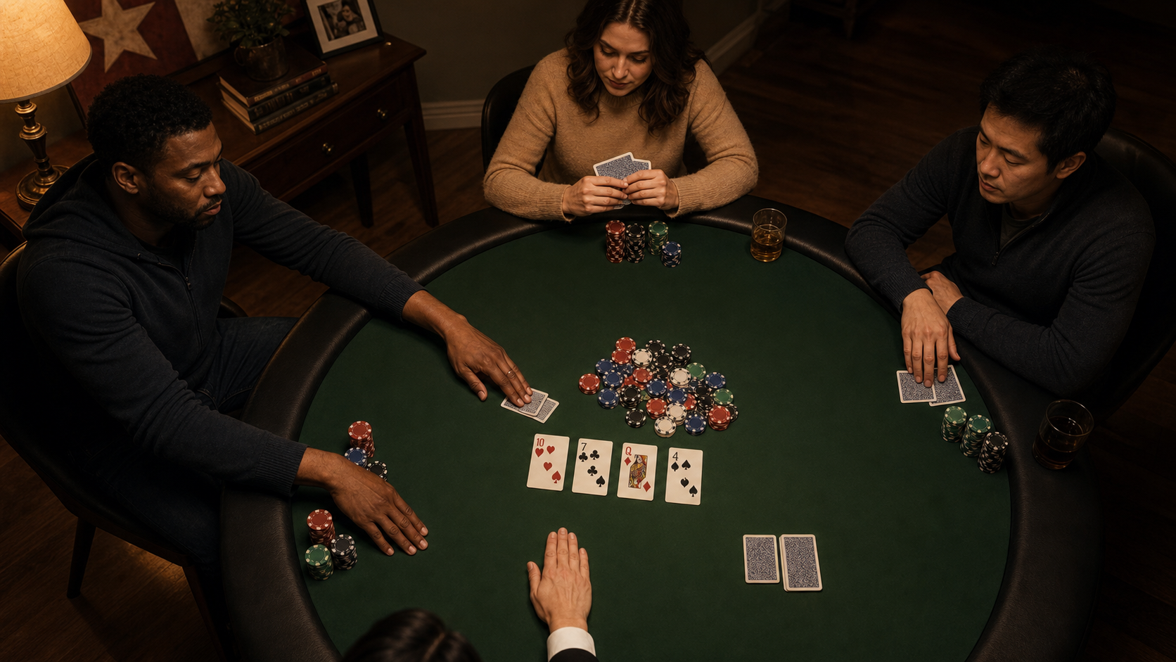Poker table imagery representing securities settlement and blockchain validation