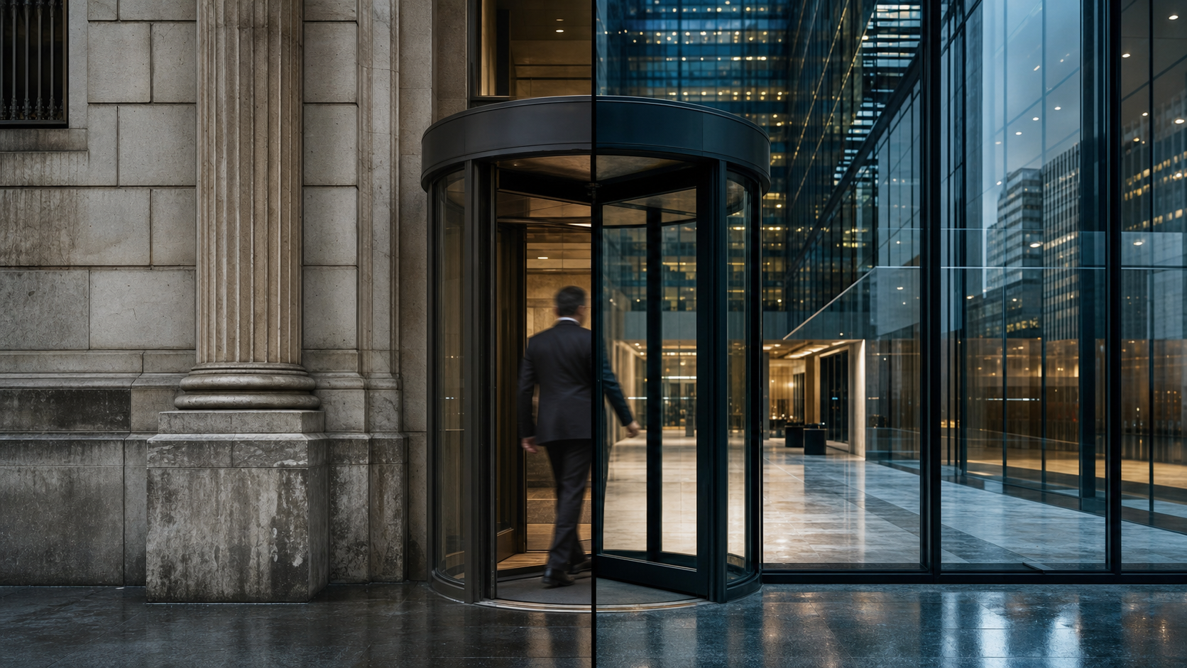 A man in a suit entering a revoloving door, with an old govenment building on the left, a new mondern glass office building on the right
