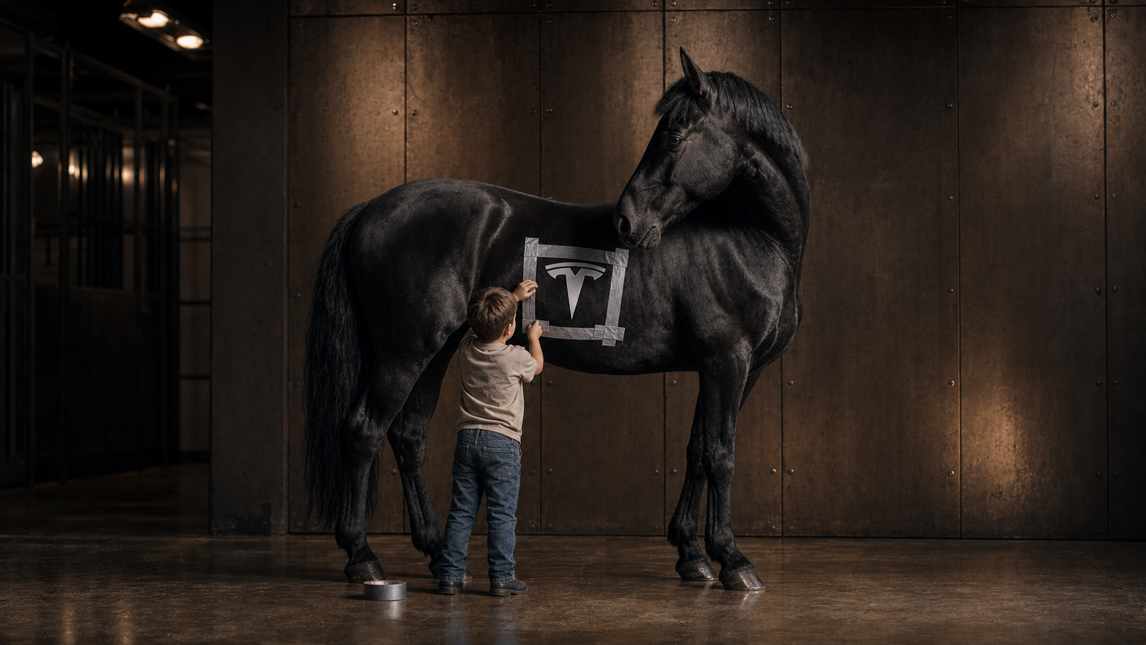 A child taping a Tesla badge onto a horse with duct tape